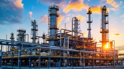 Industrial refinery at sunset, showcasing towering structures and vibrant sky colors