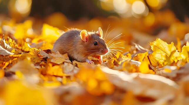 Tiny mouse foraging among vibrant golden autumn leaves in warm sunlight