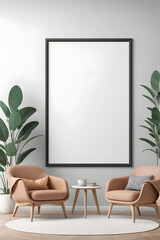 Vertical thin picture frame mount mockup. Empty wooden frame poster mock-up template on oak wooden parquet floor. White wall background