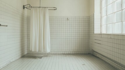Empty, old shower room with white tiles, shower rod, and curtain.