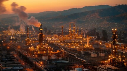 Obraz premium Industrial landscape at sunset showcasing oil refinery operations with smoke and lights