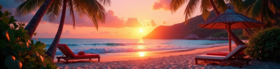 Fototapeta premium Tropical beach party decorations, vibrant sunset, relaxation, island