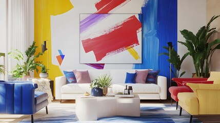 Modern interior design with vibrant colors, including red, blue, and yellow, featuring a white sofa set
