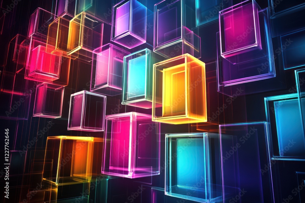 Poster colorful translucent boxes floating in dark space