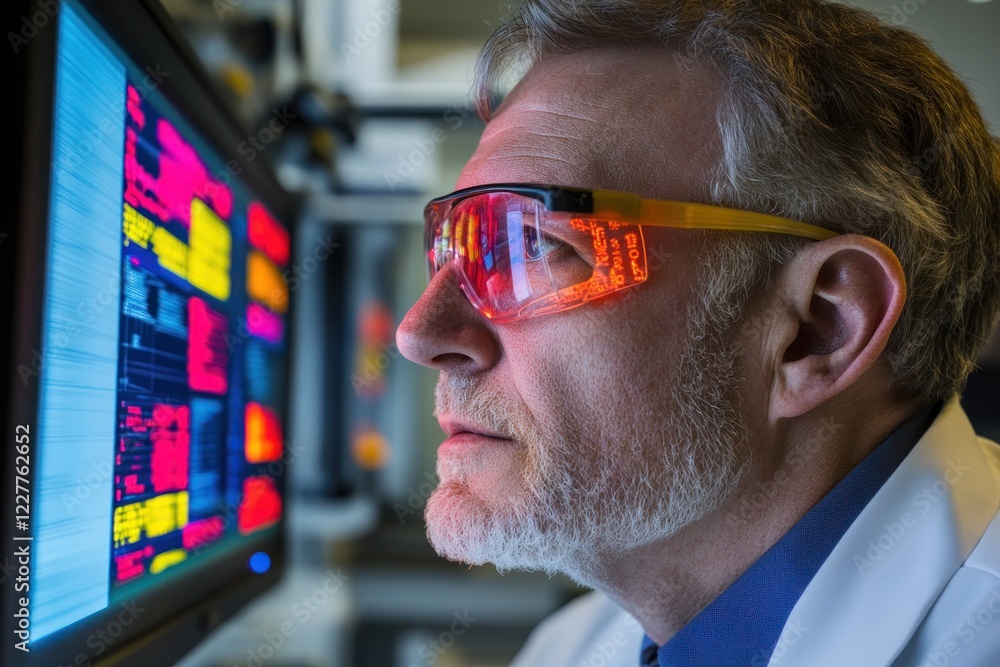 Poster scientist analyzing data on computer screen in lab