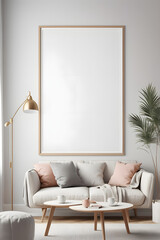 Vertical thin picture frame mount mockup. Empty wooden frame poster mock-up template on oak wooden parquet floor. White wall background