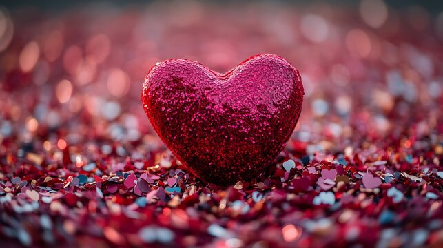 Red Glitter Heart: A sparkling red heart-shaped decoration sits amidst a bed of shimmering red confetti, creating a romantic and festive mood, perfect for Valentine's Day or any expression of love.  - Powered by Adobe
