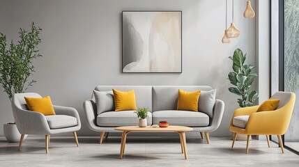 Modern living room interior design, grey sofa, yellow accents, large window, minimalist art