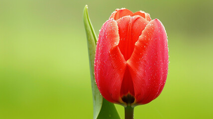 Naklejka premium A close-up of a single bright red tulip with morning dew clinging to its petals, set against a green backdrop