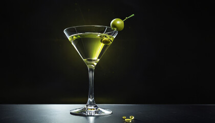 Classic martini with olives in elegant glass against black background