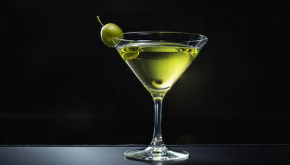 Classic martini with olives in elegant glass against black background