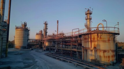 Fototapeta premium Abandoned industrial site with rusting machinery and pipes under a clear sky at sunset