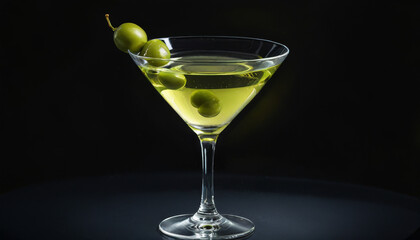 Classic martini with olives in elegant glass against black background