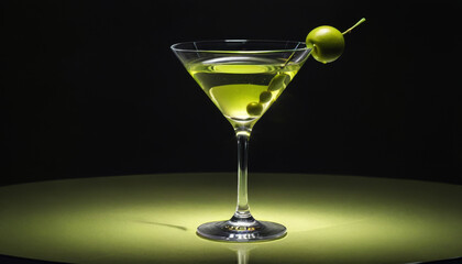 Classic martini with olives in elegant glass against black background