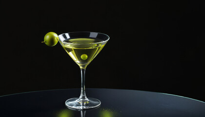 Classic martini with olives in elegant glass against black background