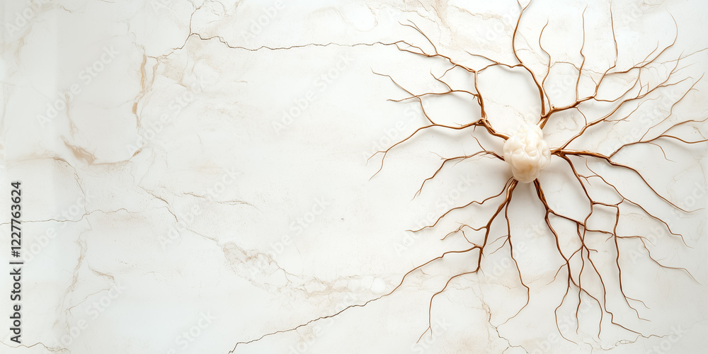 Poster a minimalistic neuron design showcases intricate thin lines branching out against a neutral backgrou