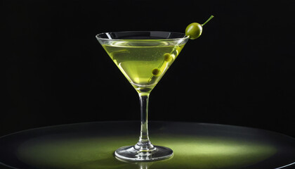 Classic martini with olives in elegant glass against black background