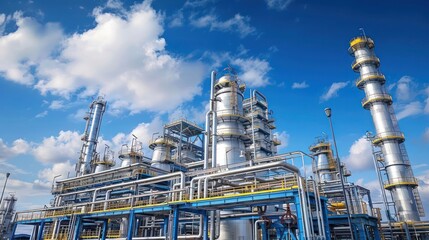 Fototapeta premium Industrial facility with towering structures under a bright blue sky and fluffy clouds