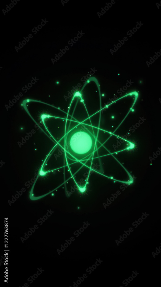 Poster atomic symbol design on a dark background with subtle light effects.