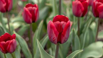 A close-up of a tulip garden with deep red petals contrasting against fresh green leaves and stems