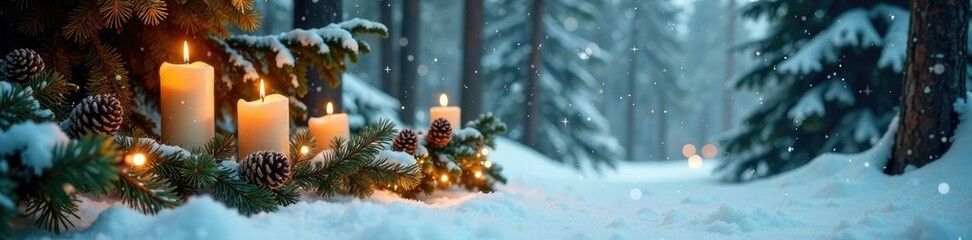 Snowy forest scene featuring a winding wooden garland adorned with candles and pinecones, evergreen, nature