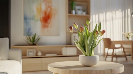 Tulips on coffee table, modern living room, sunlight