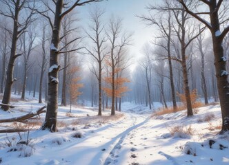 Fototapeta premium Snowy forest landscape with bare trees and white snowfall, bare trees, white snowfall