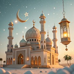 Obraz premium Stunning 3D Render of a Mosque at Dawn with Crescent Moon and Stars