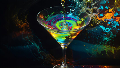 Vibrant abstract martini with colorful liquid swirls