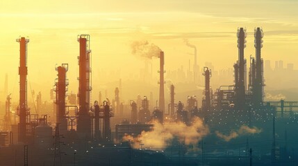 Industrial skyline at sunset with smoke rising from factories and silhouettes of structures