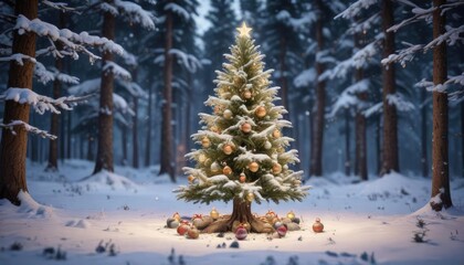Fototapeta premium Snowy forest Christmas tree with ornaments and lights, decorations, winter, tree