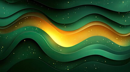 Fototapeta premium Abstract wavy patterns in green and gold tones creating a serene and dynamic visual effect