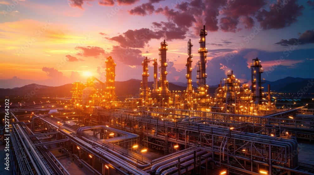 Poster sunset over a sprawling industrial complex with illuminated structures and piping systems
