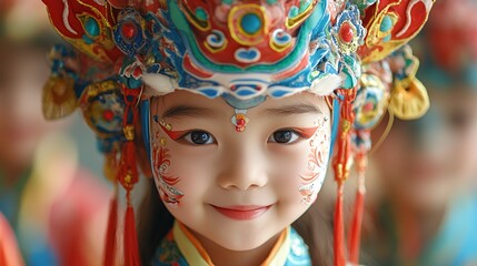 Naklejka premium Young Performer in Colorful Traditional Costume Displays Vibrant Makeup During Cultural Event in Asia