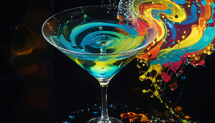 Vibrant abstract martini with colorful liquid swirls