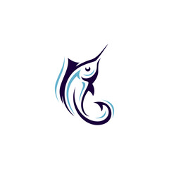marlin fishing logo with fishing hook in flat vector design style
