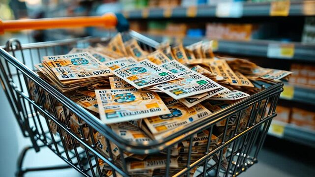 Shopping cart filled with scratch-off lottery tickets in a store aisle