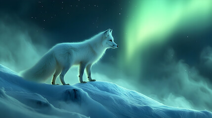 Arctic fox stands on a snow-covered hill, its thick white fur blending seamlessly with the icy landscape. The cold wind ruffles its coat as it surveys the frozen tundra, ears perked up for any 