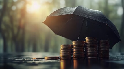 Protection of financial growth with coins and dark umbrella in rain