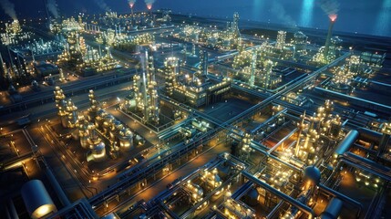 Obraz premium Aerial view of a bustling industrial complex at night, illuminated by bright lights and smoke