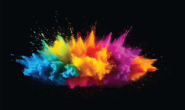 colorful pigment powder, explosion of colored powder exploding isolated on black background