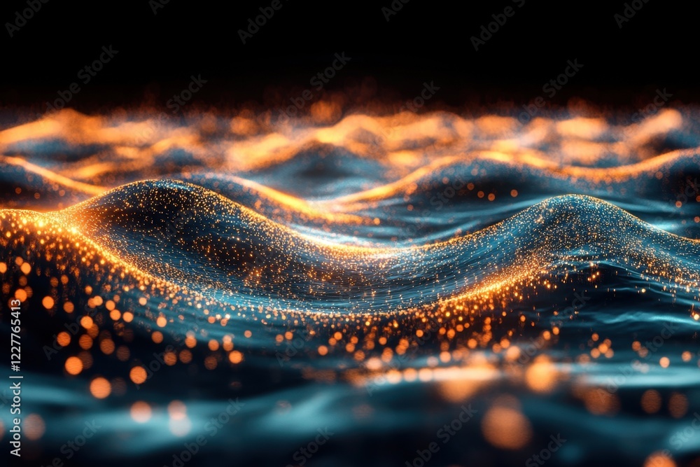 Poster bright glowing waves with particles creating a mesmerizing underwater effect in dark space