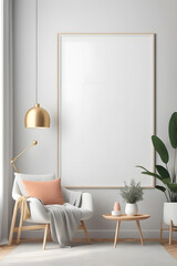 Vertical thin picture frame mount mockup. Empty wooden frame poster mock-up template on oak wooden parquet floor. White wall background