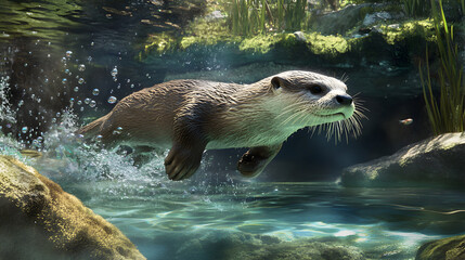 Obraz premium river otter glides through a crystal-clear stream, its sleek fur glistening in the sunlight. Small bubbles trail behind as it effortlessly moves through the water, searching for fish. The surrounding 