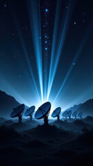 Fototapeta premium Futuristic space exploration scene with multiple large satellites positioned on a mountain range at night under starry skies.
