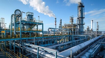 Industrial complex with pipes and smokestacks under a blue sky, showcasing manufacturing processes