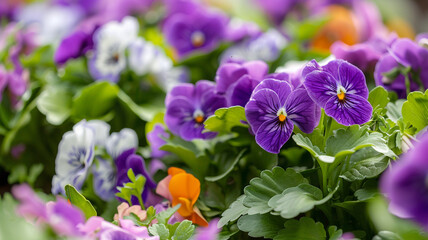 Obraz premium A close-up of purple and white pansies surrounded by fresh green leaves in a colorful garden bed