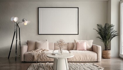 Frame mockup, ISO A paper size. Living room wall poster mockup. Interior mockup with house background. Modern interior design. 3D render