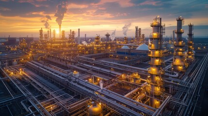 Fototapeta premium Industrial landscape at sunset showcasing a sprawling refinery with glowing pipes and smokestacks