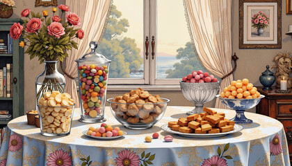 Elegant dessert display with colorful sweets on a decorative table
